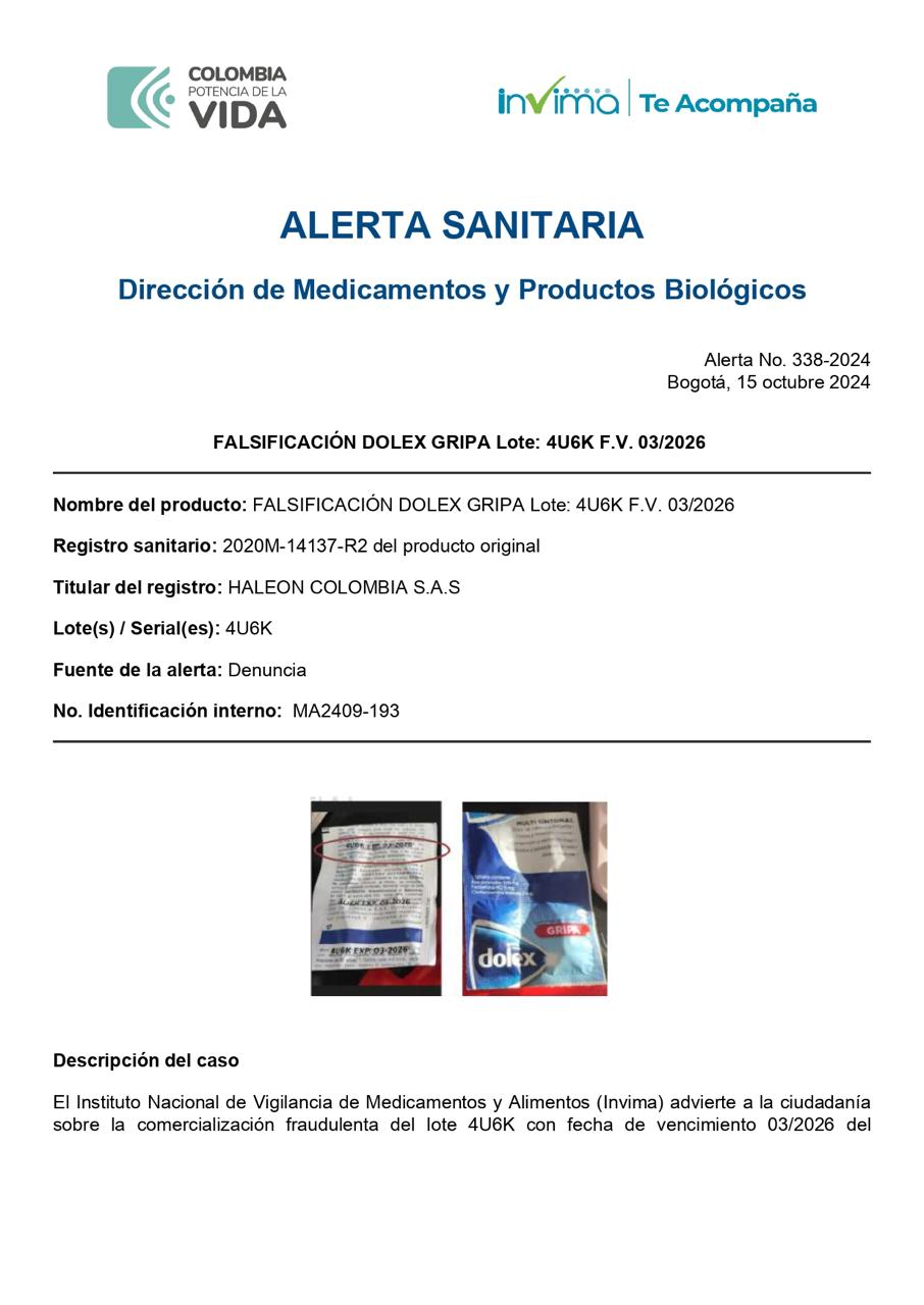 Invima alerta sobre la comercialización fraudulenta del medicamento DOLEX CONTRA LOS SÍNTOMAS DE LA GRIPA TABLETAS